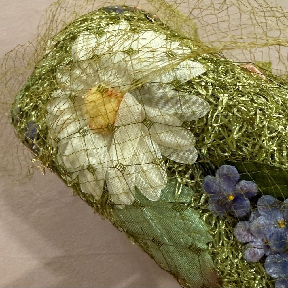 Vintage Rare Hutzler’s Pillbox Floral Tulle Net Fascinator Hat Green White Pink - Picture 14 of 15
